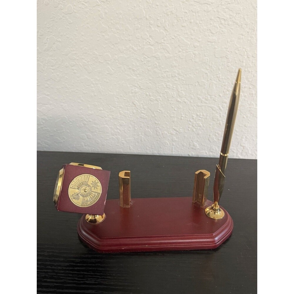 Vintage Wooden Executive Desk Organizer w/ Quartz Clock, Thermometer & Gold Pen